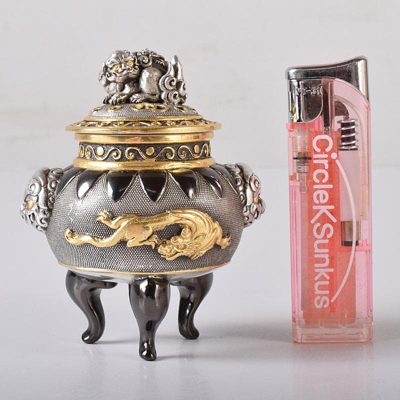 専用　高岡銅器　八代住　釘谷洞石作銀製獅子龍香炉約260g　共箱　L　R8429