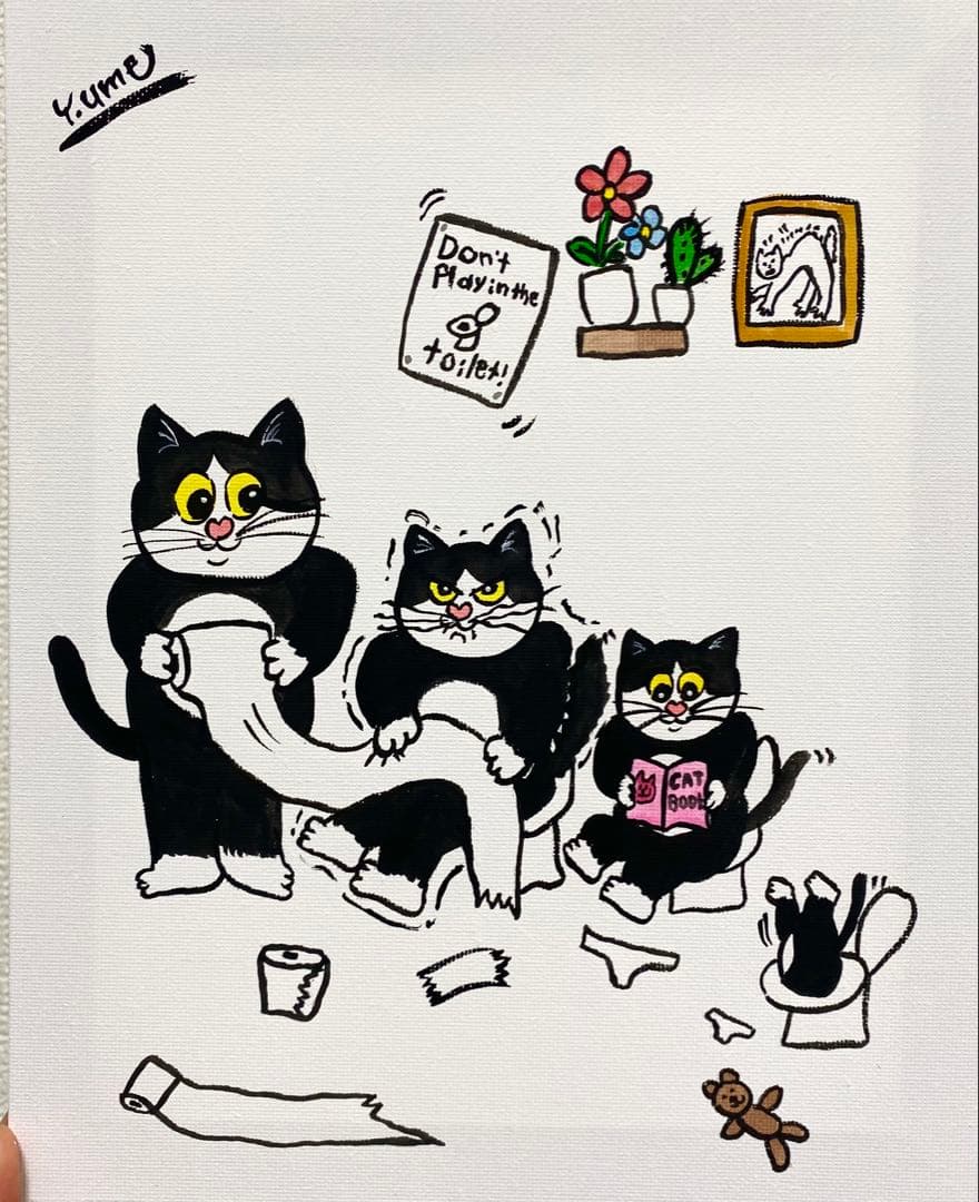 ふんばり親子猫　ハチワレ