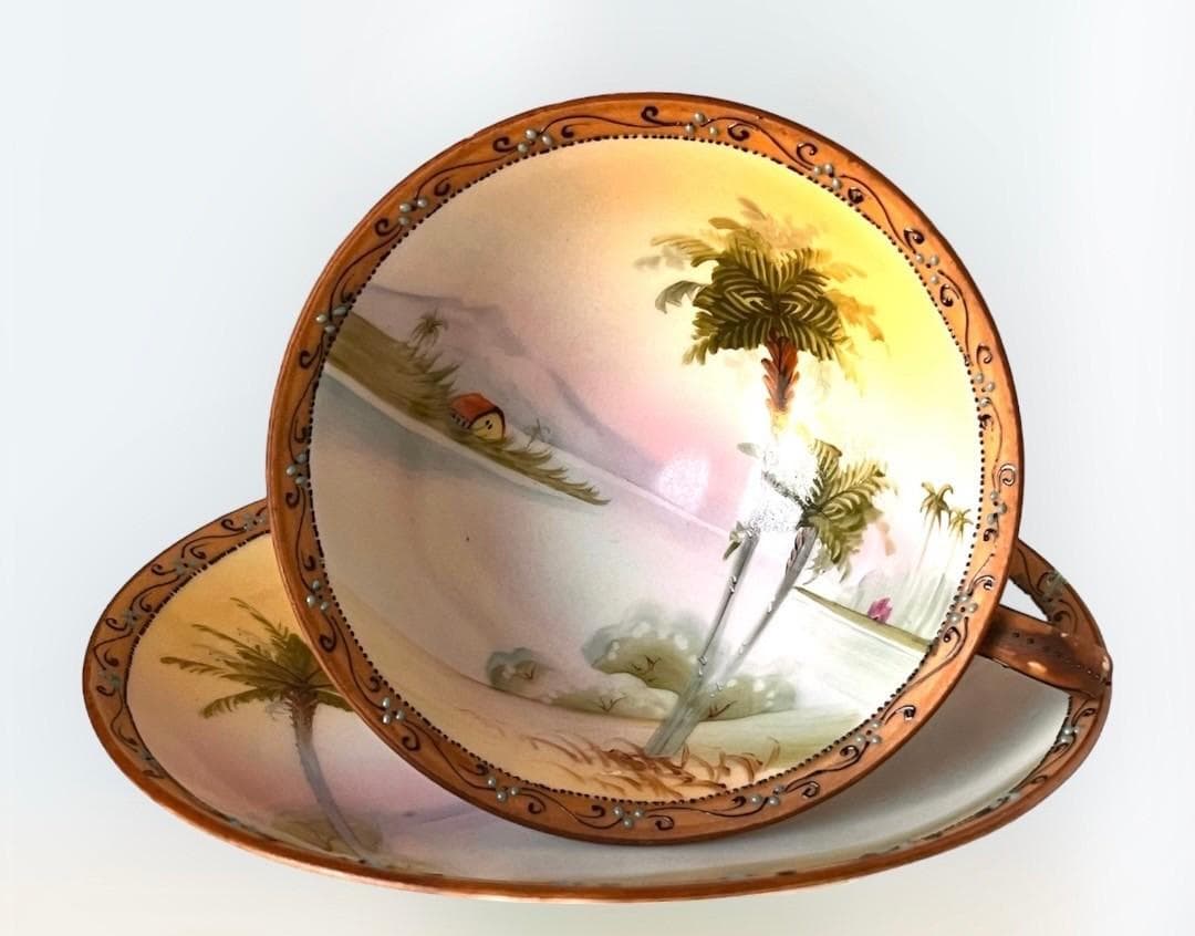 【オールドノリタケ】アンティーク！メープルリーフ刻印！手描き風景C&S1️⃣