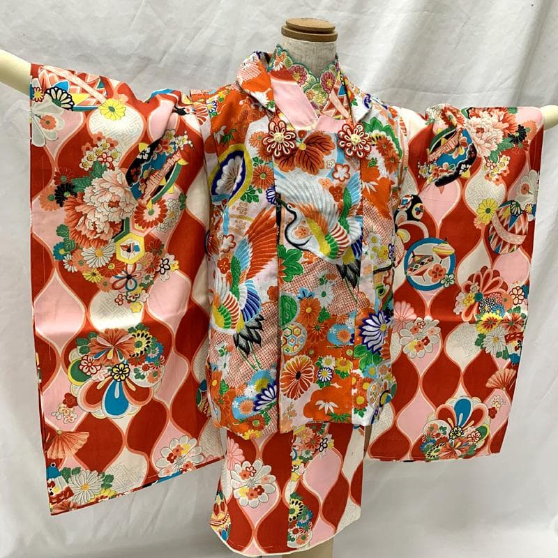 602ag21□七五三 三歳 セミアンティーク 女児 着物&被布 毬□状態良好