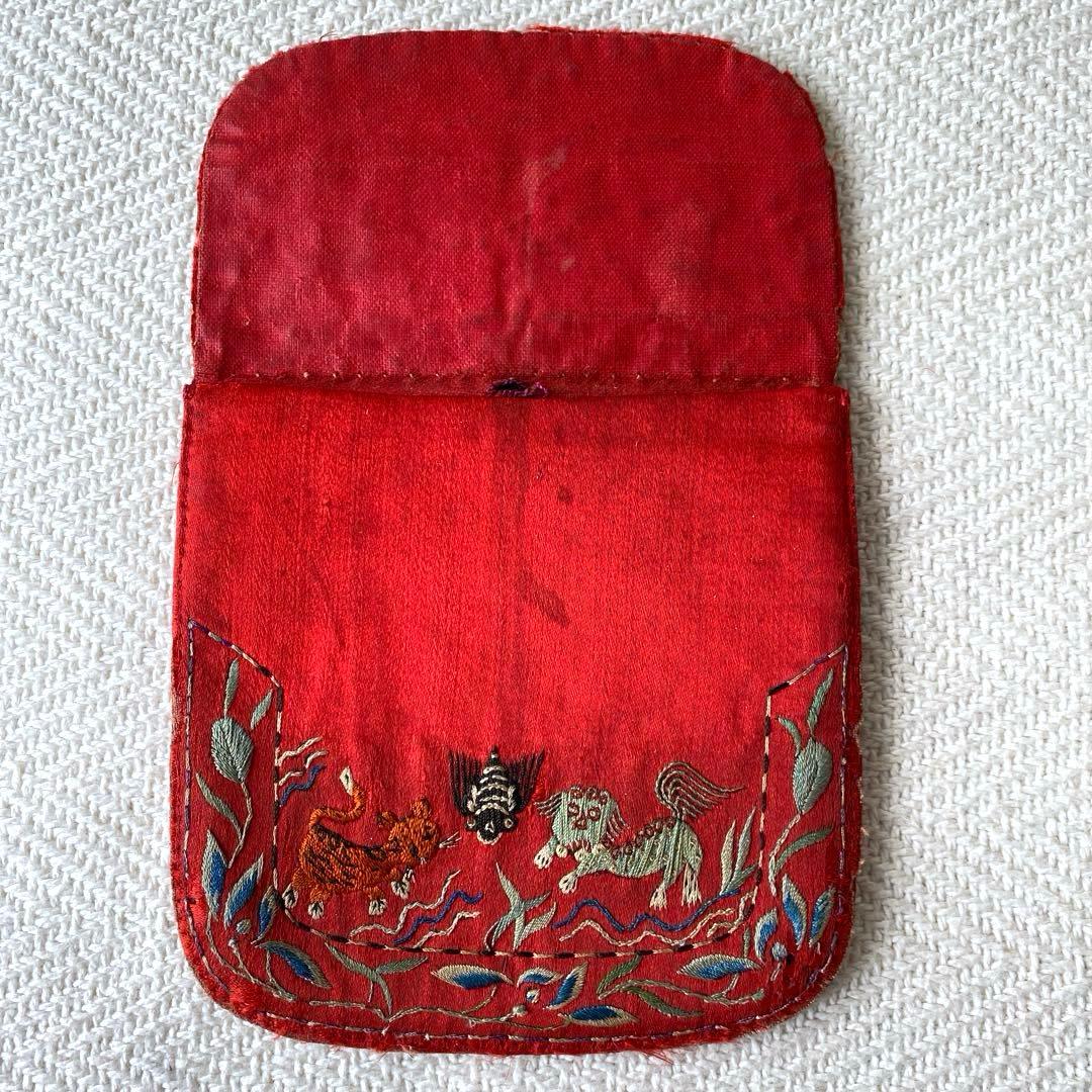 アンティーク シルクロード チャイナ チベット 赤シルク古刺繍 3口袋 時代物