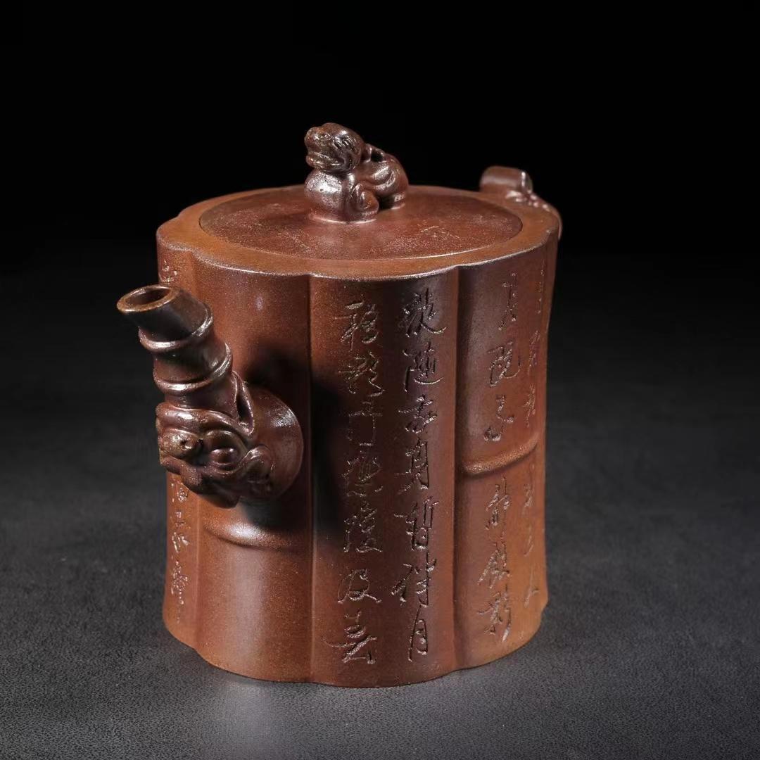 中国古美術・原鉱底槽清泥龍騰盛世紋急須・紫砂壺・底款:朱可心紋・朱泥・急須・茶壺