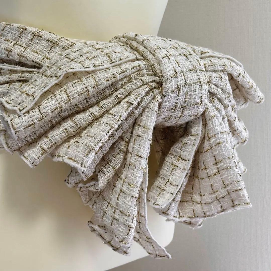 410cm 大人の兵児帯｜ツイード 白×金 ハンドメイド