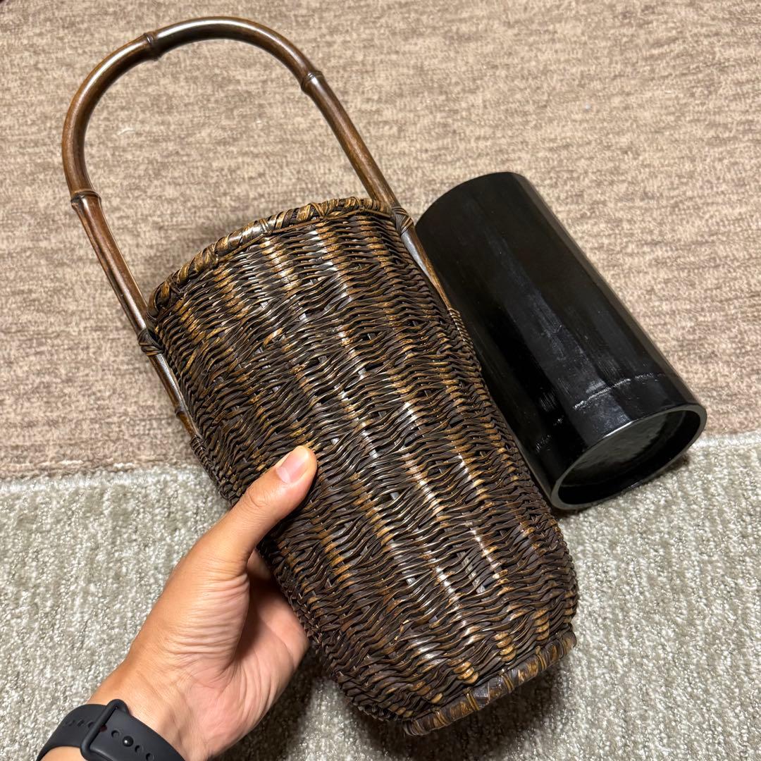 職人手作り 竹 花入 籠 竹職人 毛利健一 （号 有彩）作 竹編み竹工芸 花器