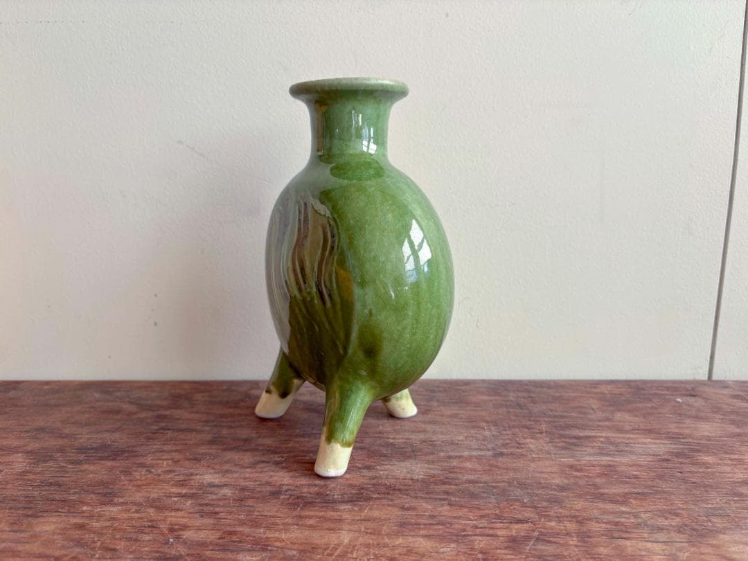 舩木研児　緑釉　三脚花生　共箱付　無傷　希少　民藝　バーナードリーチ