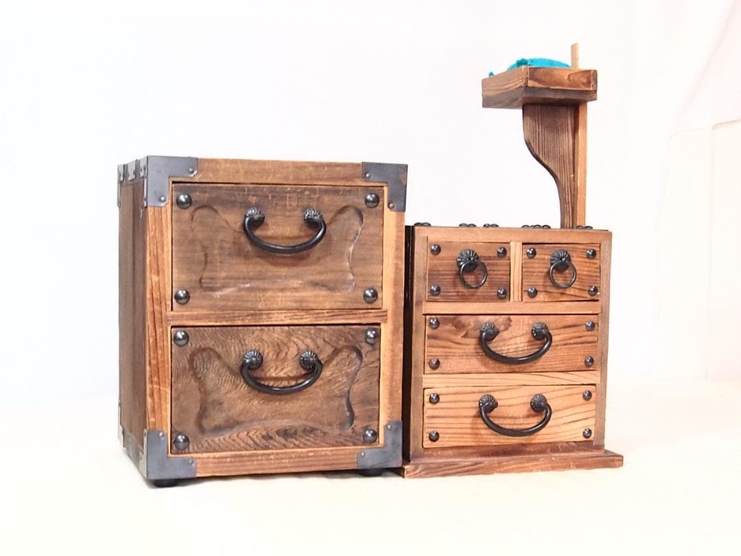 【良品】焼杉 隠し収納付き小引き出し＆裁縫箱 からくり収納/針箱 家具インテリア