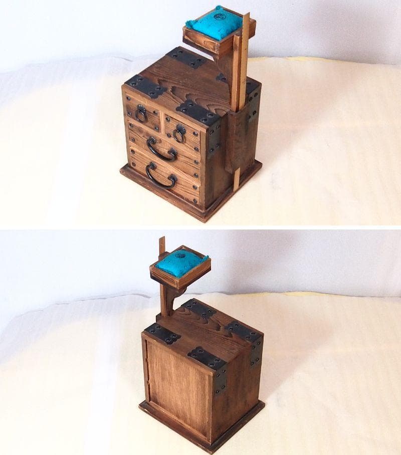 【良品】焼杉 隠し収納付き小引き出し＆裁縫箱 からくり収納/針箱 家具インテリア