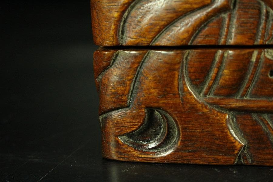 唐木 刻芭蕉 四方箱 旧家蔵出(K-A746)