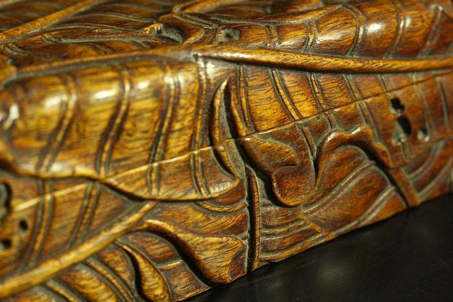 唐木 刻芭蕉 四方箱 旧家蔵出(K-A746)