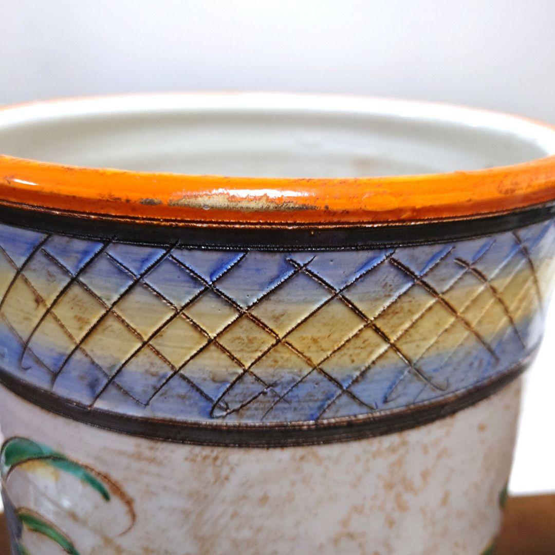 イタリア製陶器　傘立て　橙色花柄　レインラック　アンブレラスタンド　ヨーロピアン