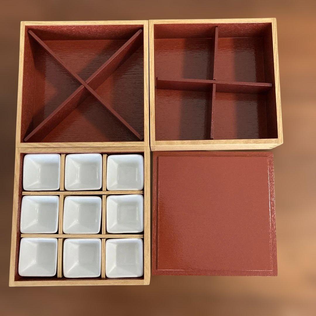 松屋漆器店　白木三段重箱6寸　仕切り4 小皿9お包み風呂敷付き　おせち遠足