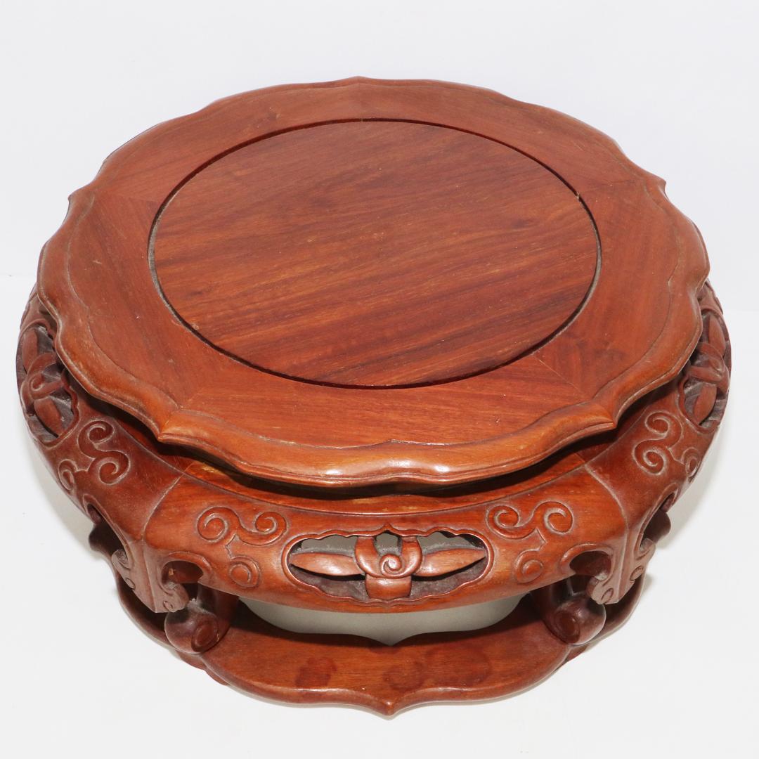 唐木　花台　盆栽台　透かし彫丸卓　卓