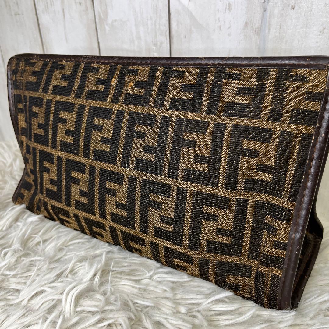 FENDI ズッカ　セカンドバッグ　クラッチバッグ　キャンバス　レザー　ブラウン