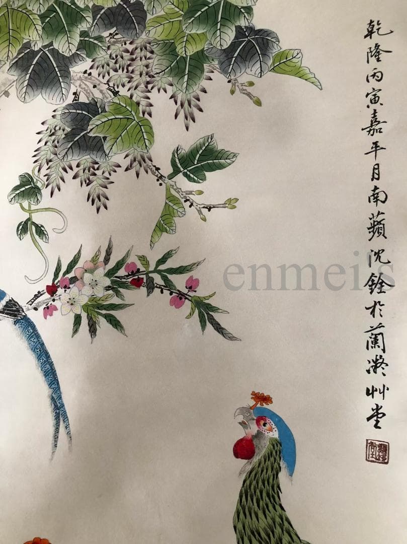 中国古美術・純手描き四尺孔雀と花掛軸・国画・沈銓印款•珍品画・肉筆・文房置物
