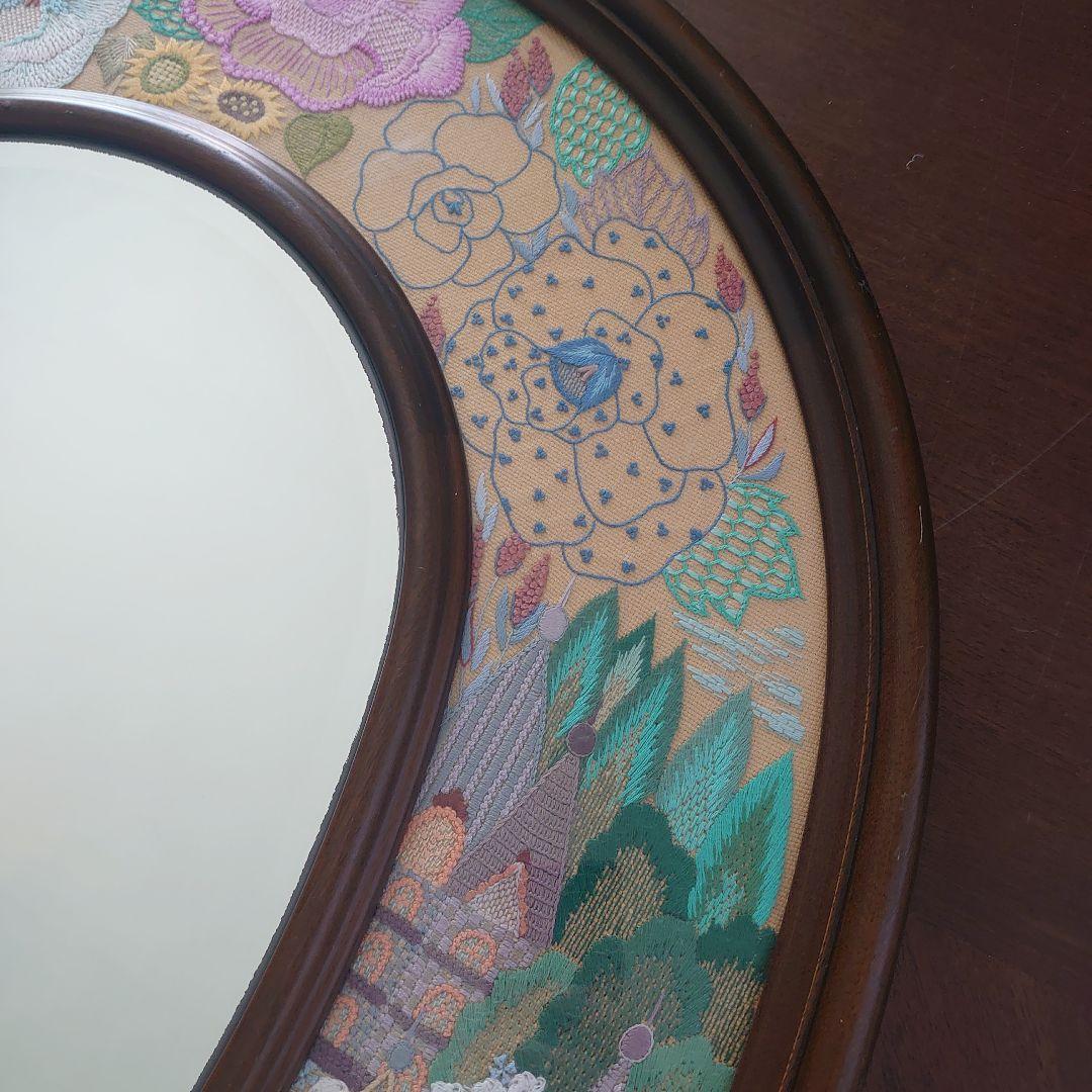 フランス雑貨　鏡　花　刺繍　レース　大型ミラー　木製フレーム　オーバル型