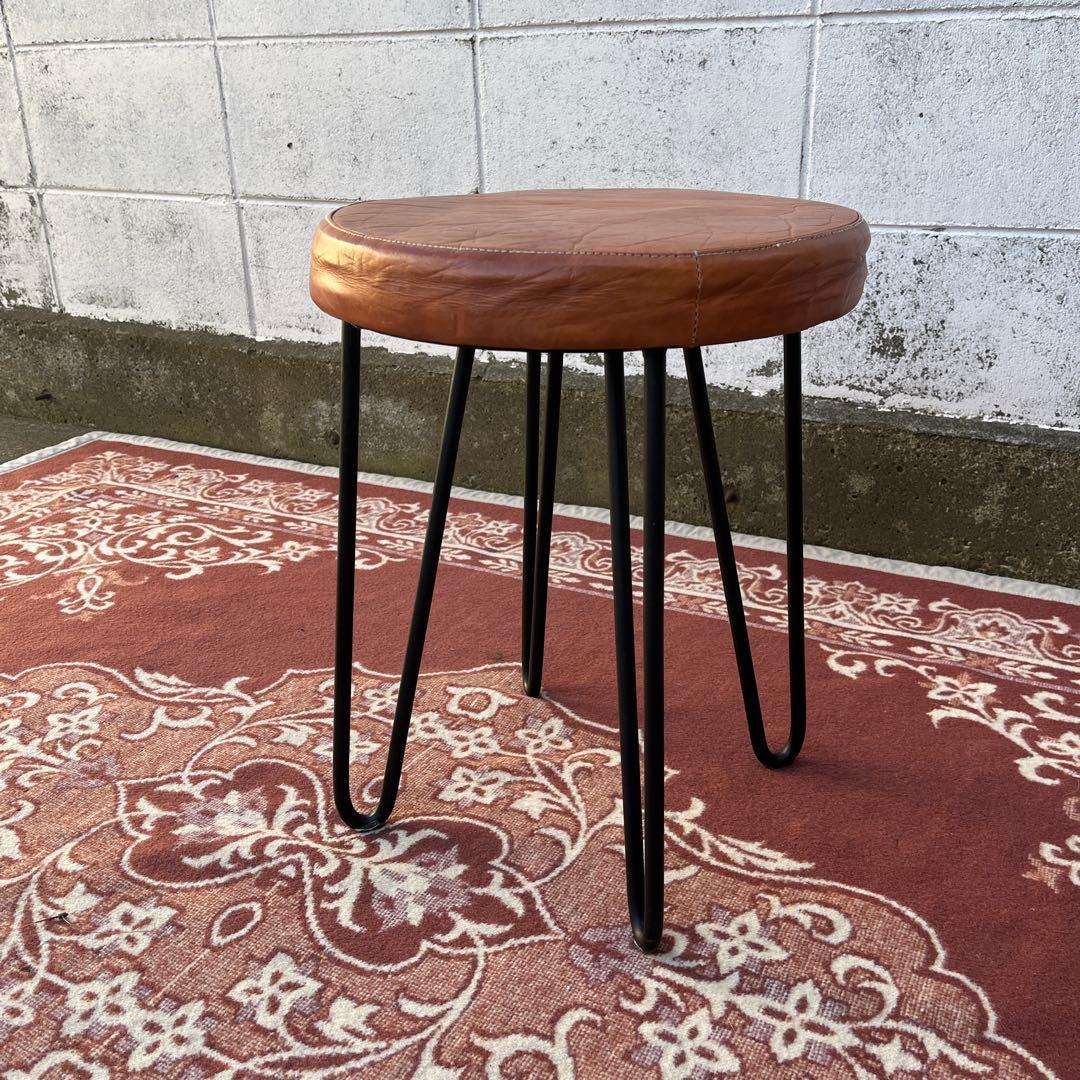 本革レザー座面×鉄脚アイアンレッグ◾️丸椅子 スツール 丸イス