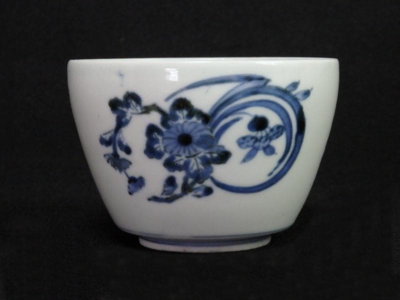 古伊万里　藍九谷　菊に蘭の図　大振蕎麦猪口　江戸中期　C552AS-BKc