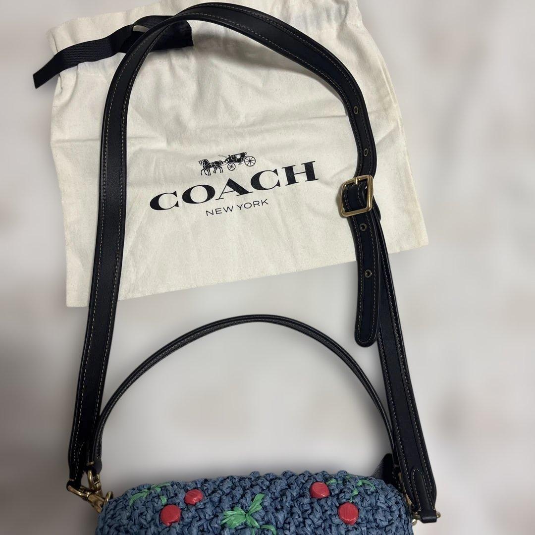 COACH チェリー柄ストロー素材ハンドバッグ