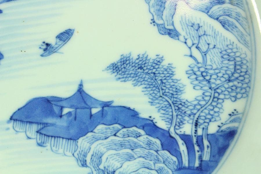 中国美術 青花 山水舟紋 盤 φ20.5cm 嘉慶年製(K-LC657)