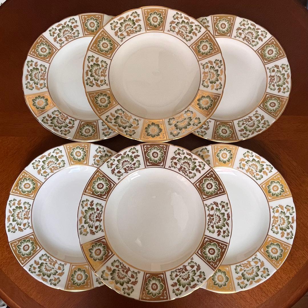 【希少品】ロイヤルクラウンダービー★ダービーグリーンパネル★豪華なディナー皿6枚