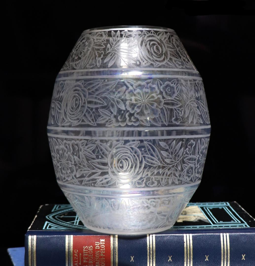 オールド・バカラ 1930年 大型薔薇文エッチング花瓶 壺 花器 フラワーベース