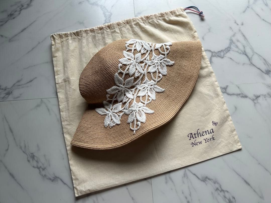 【美品】Athena New York 麦わら帽子 プルメリア　刺繍