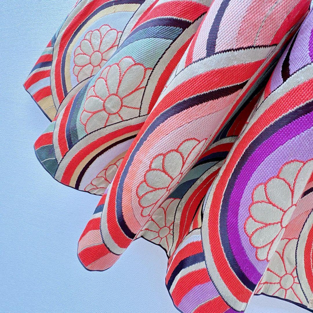 フルセット七五三７歳女の子　オレンジ地　傘椿　黒地袋帯　袖なし長襦袢7125