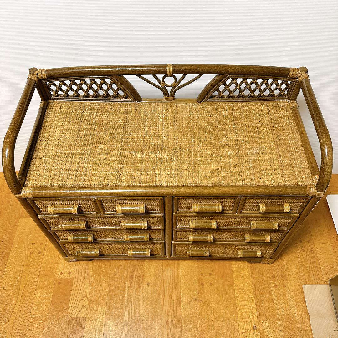 ラタン チェスト サイドボード レトロ 古家具 4段10杯 引き出し箪笥