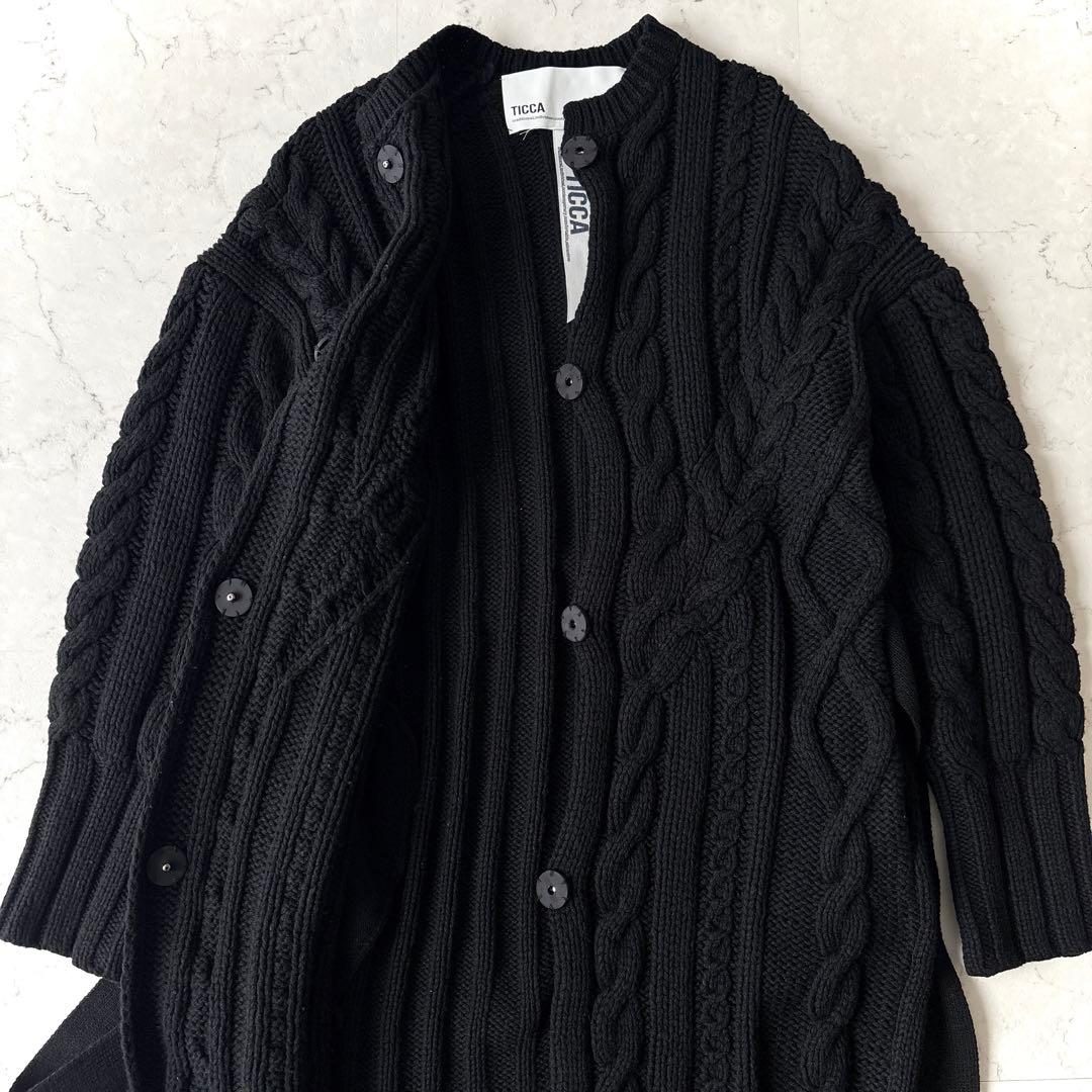 美品 ティッカ 肉厚 ウール ケーブルニット ベルト付 ガウンカーディガン 黒