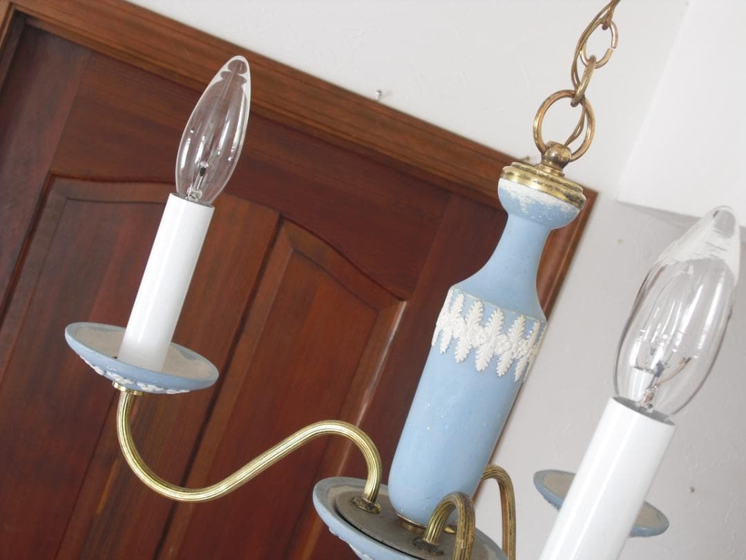 イギリスアンティーク 陶器 真鍮 3灯 シャンデリア