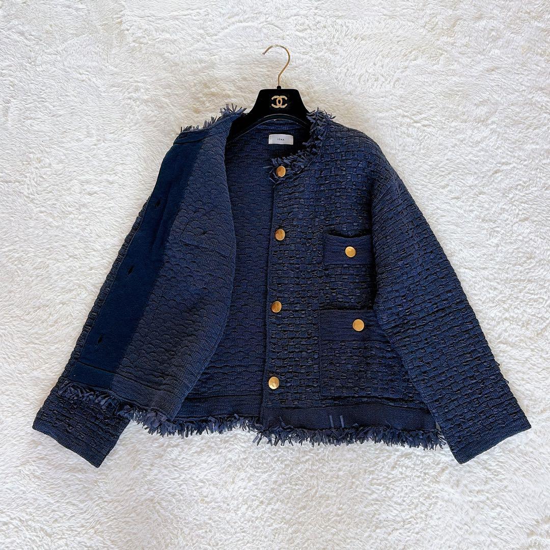 美品✨【イエナ】ノーカラーツイードニットジャケット 金ボタン ネイビー 23SS