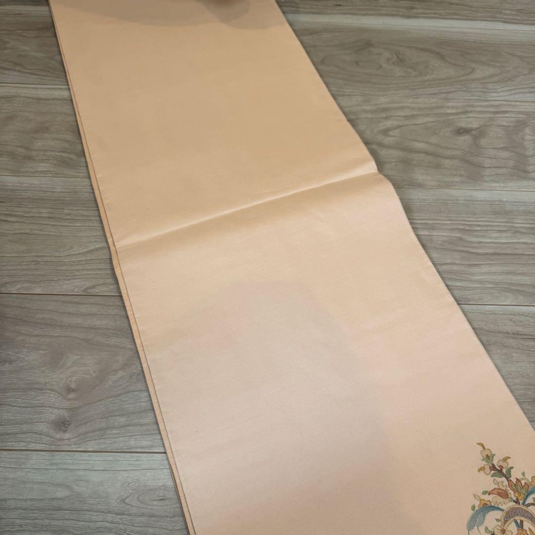 超美品　袋帯 正絹　現代　着物　ボタニカル 中国刺繍　相良刺繍　オレンジ　443