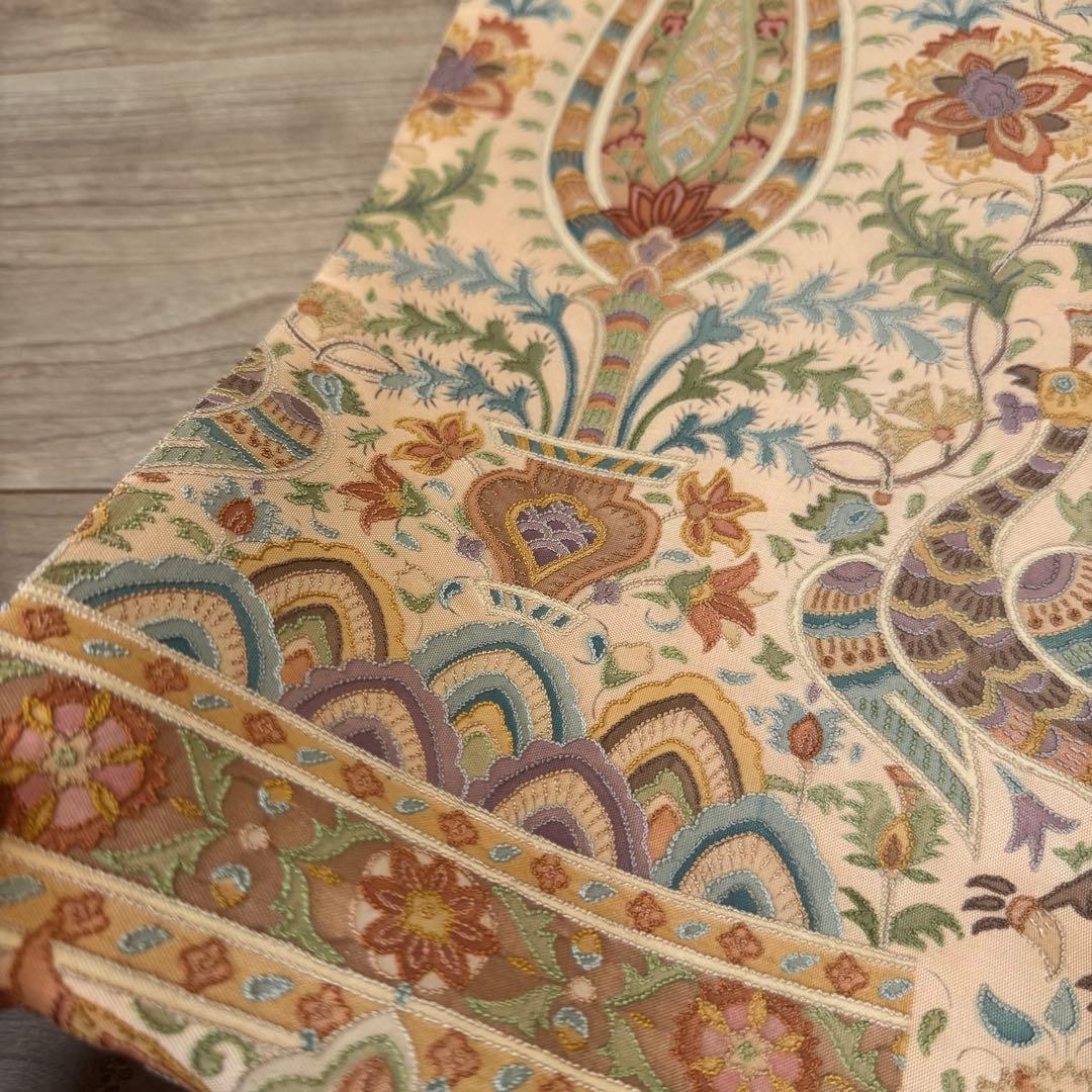 超美品　袋帯 正絹　現代　着物　ボタニカル 中国刺繍　相良刺繍　オレンジ　443