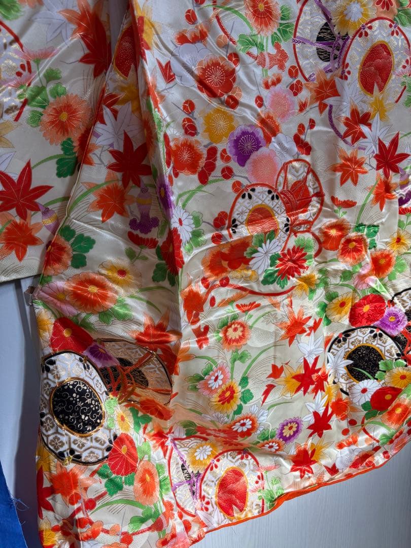 七五三用 花柄着物　未使用豪華　赤オレンジベージュ地　旭化成エルタス 旭秀苑創作