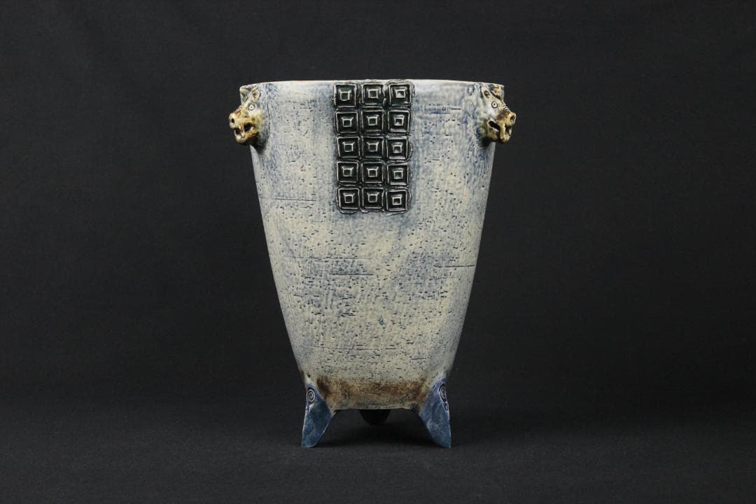 現代アート　西川勝 作　灰釉陶彩 三獣三足器　 花器・壺EN11-12