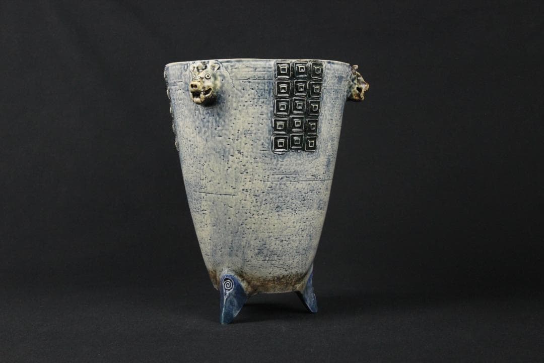 現代アート　西川勝 作　灰釉陶彩 三獣三足器　 花器・壺EN11-12