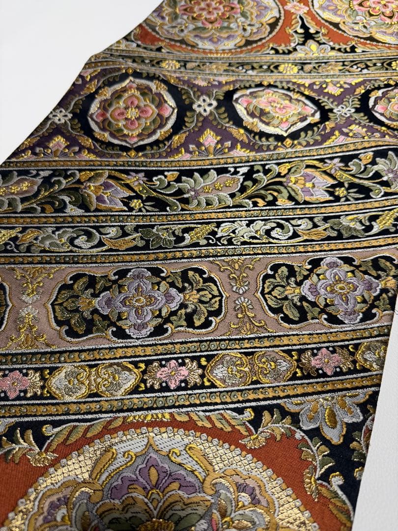 高級 袋帯 正絹 六通柄 ブラック ゴールド 花文様 フォーマル 訪問着