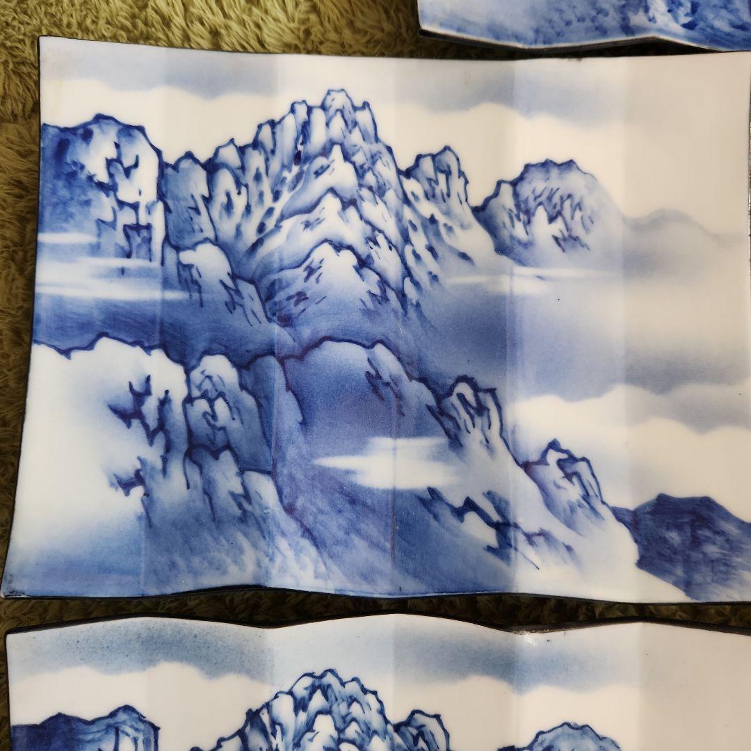 染め付け屏風形剣岳絵図角皿5客