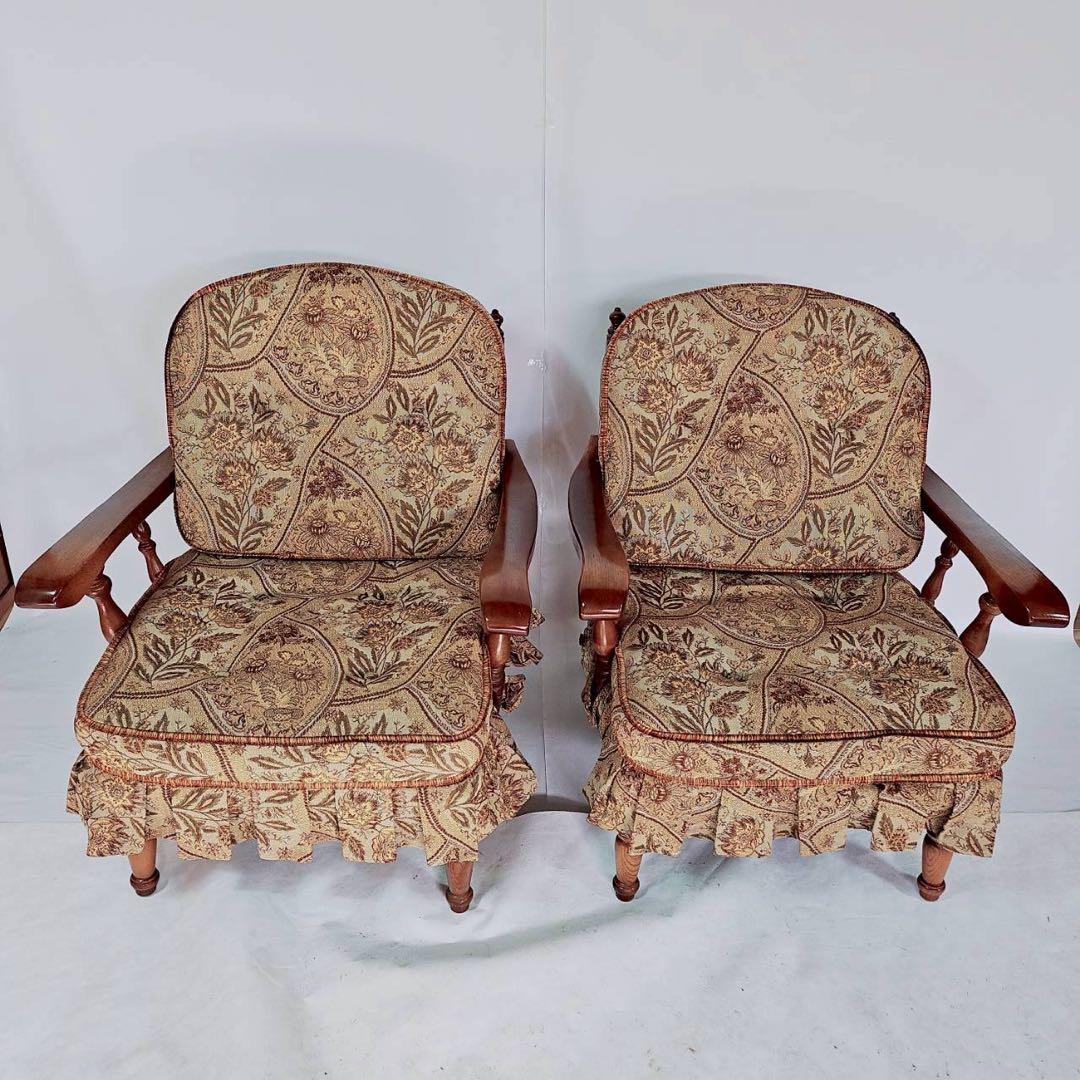 【極美品】柏木工 かしわ 木製アームチェア 2脚セット 花柄 椅子 飛騨家具
