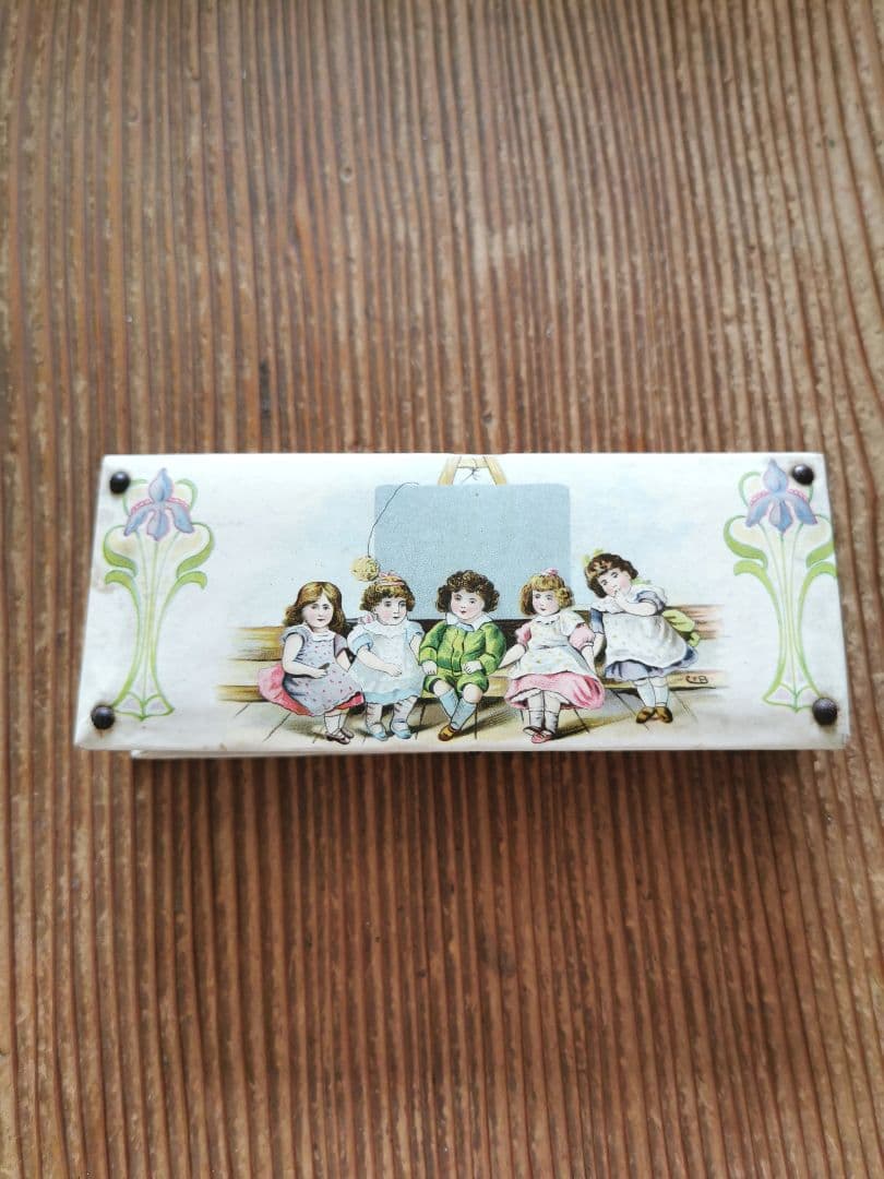 アンティークフランス インクペンケース 水色布張り少女イラスト パピエボックス