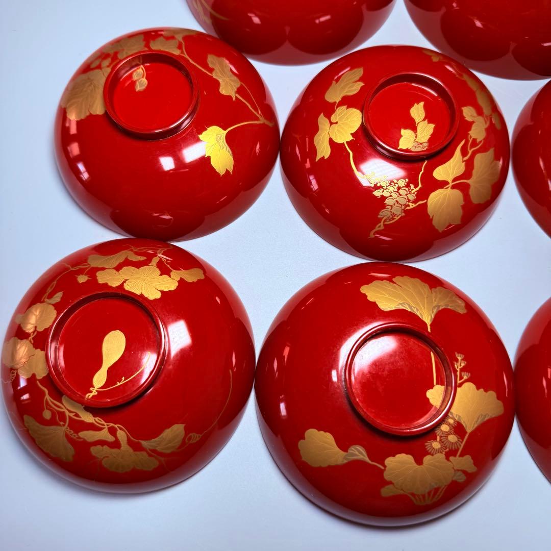 京漆器　蒔絵師　橘屋友七　絵替わり　「朱塗椀直物文様」　10客　漆器　共箱有り