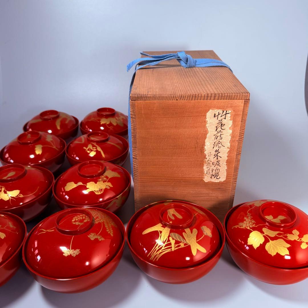 京漆器　蒔絵師　橘屋友七　絵替わり　「朱塗椀直物文様」　10客　漆器　共箱有り
