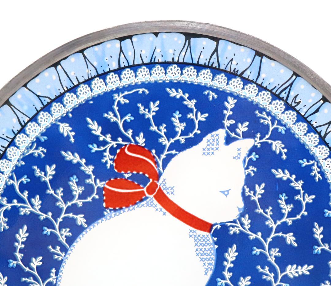 赤いリボンを巻いた白猫 ヴィンテージ ステンドグラス レア 丸型 ブルー 青