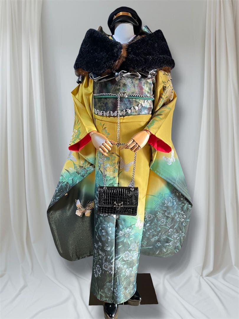 山本寛斎 ファーショール付き イエローグリーン 振袖 フルセット