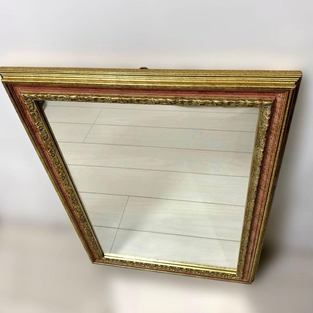 ITALY製　壁掛けミラー ゴールド・ピンク装飾　フック付