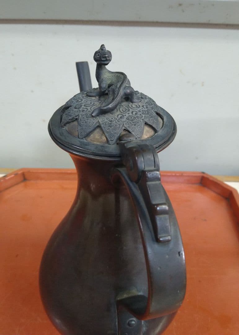 室町時代古赤銅鍍金獣蓋酒注瓶 R130春