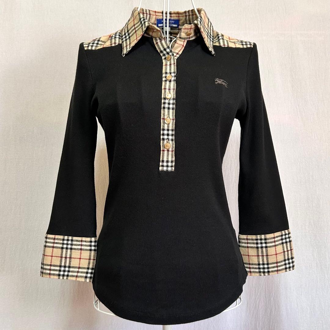 美品 バーバリー ブルーレーベル 長袖 ポロシャツ ニット ノバチェック 黒