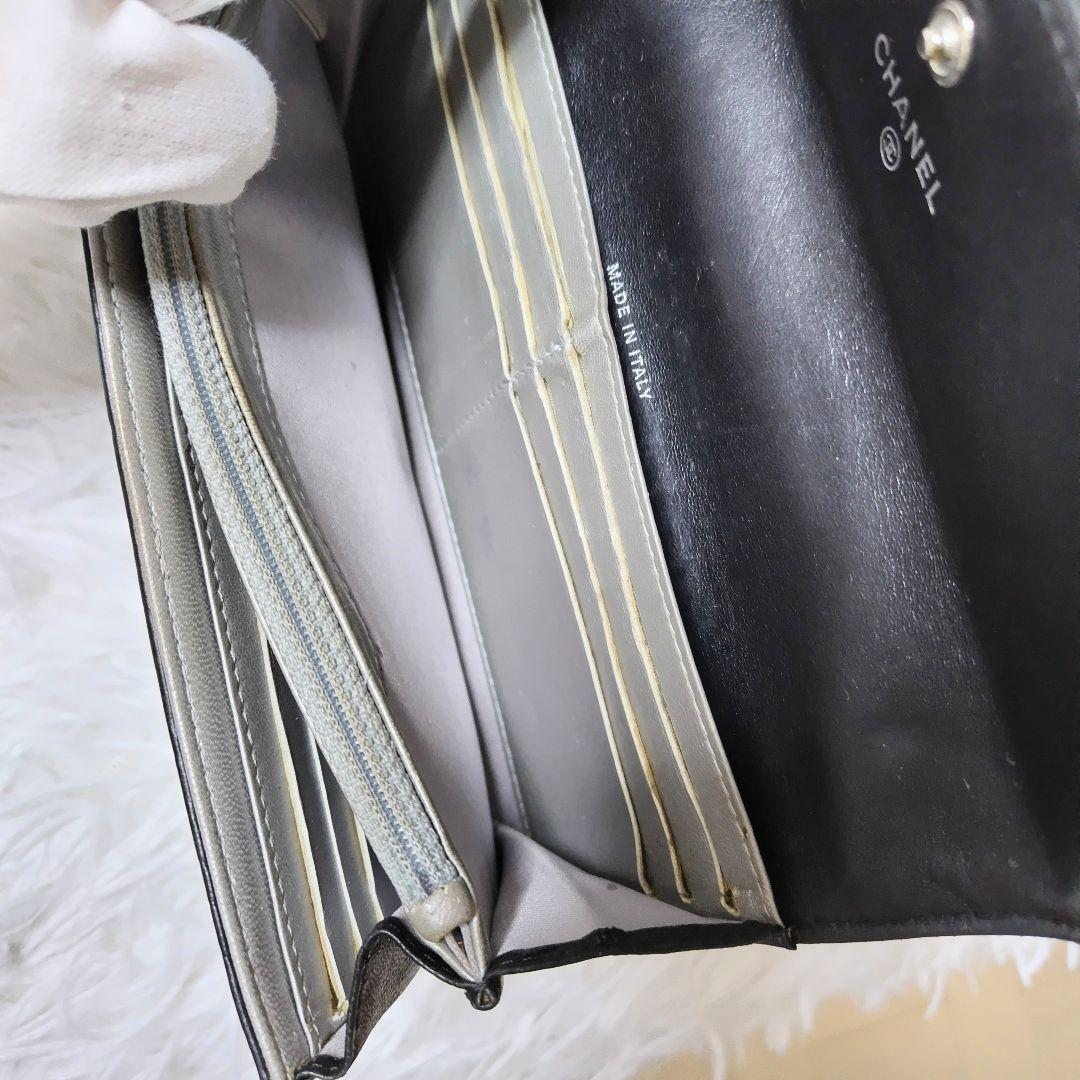 レア美品✨シャネル◇カメリアエンボスフラップ長財布シルバー金具ココマーク黒グレー