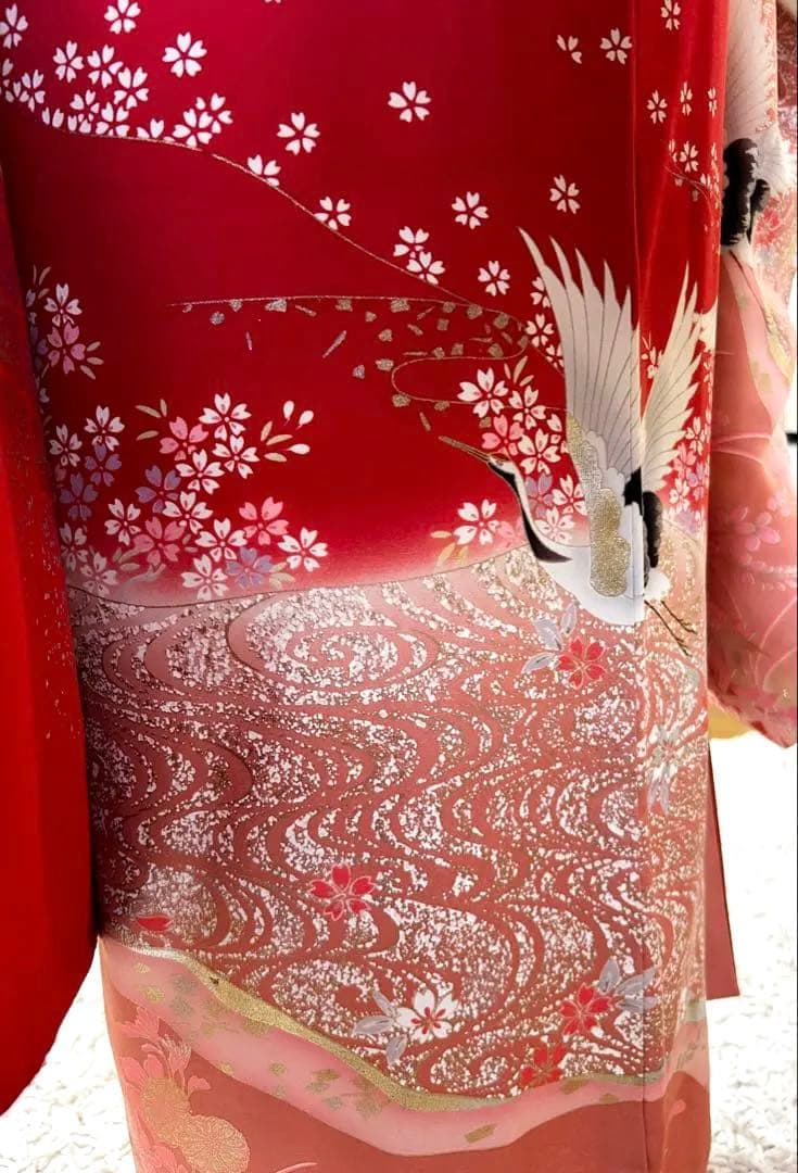縁起の良い吉祥紋様、振袖フルセット 上品　ローズピンク　鶴　桜観世水　金コマ刺繍