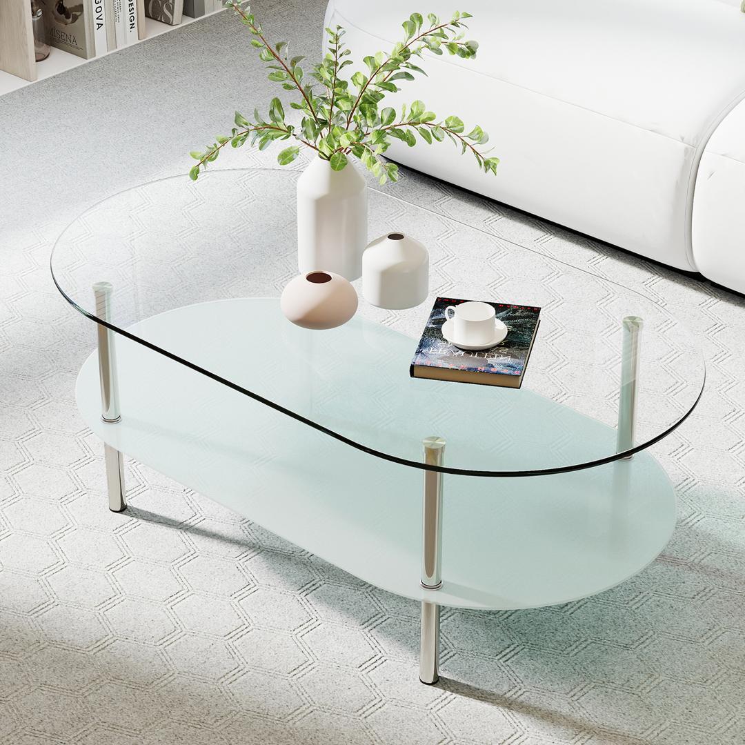 【クリア】二段オーバルコーヒーテーブル 強化ガラス天板+MDF収納棚